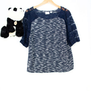 Navy, white Anthropologie mixed weave, lace top